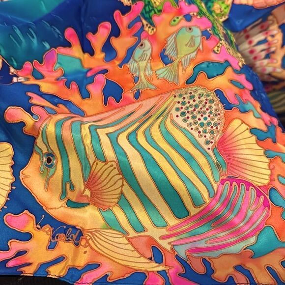 Vintage Lee Caldwell hand painted silk mtropical fish ocean scarf fabulous - Picture 8 of 15